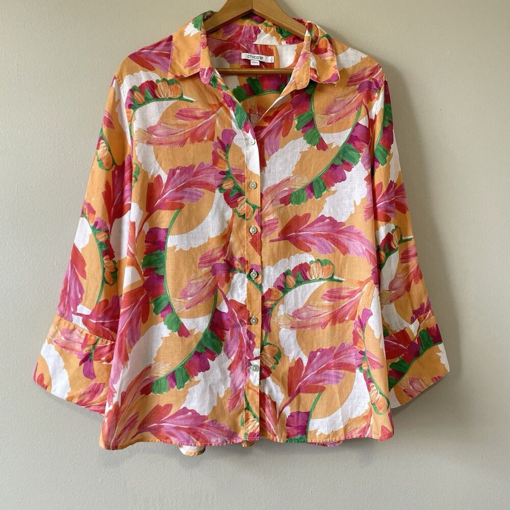Chico's Linen Button Down Blouse Size 3 (16) Tropical Watercolor Coastal Beach